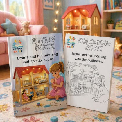 Girl and her morning with the dollhouse - Personalizowana Książeczka, Kolorowanka w generatorze po angielsku – pdf do druku