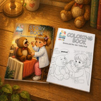 Girl and the Sick Teddy Bear - Personalizowana Książeczka, Kolorowanka w generatorze po angielsku – pdf do druku
